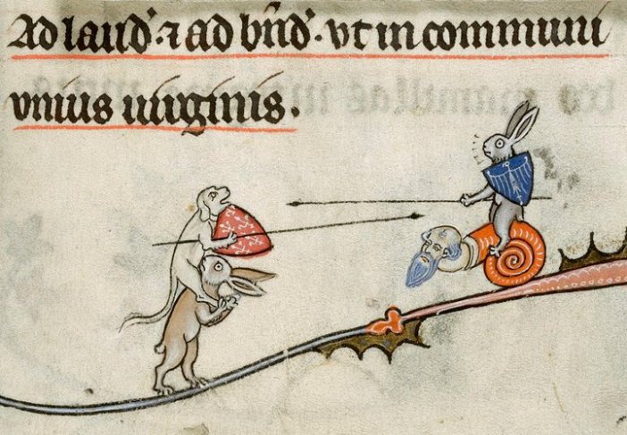 Jousting competition between a rabbit riding a snail man vs. a golden retriever riding a rabbit. Pretty typical shit.